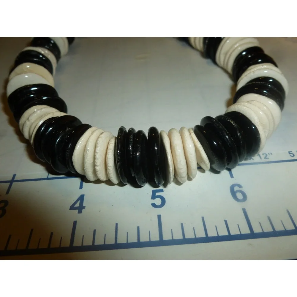 Vtg Artisan Ceramic Disc Bead Necklace‎ Black White Glazed Pottery Boho Choker